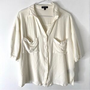 Dear John Ivory Cream Oversized Cropped Button Shirt Textured Collared V-Neck
